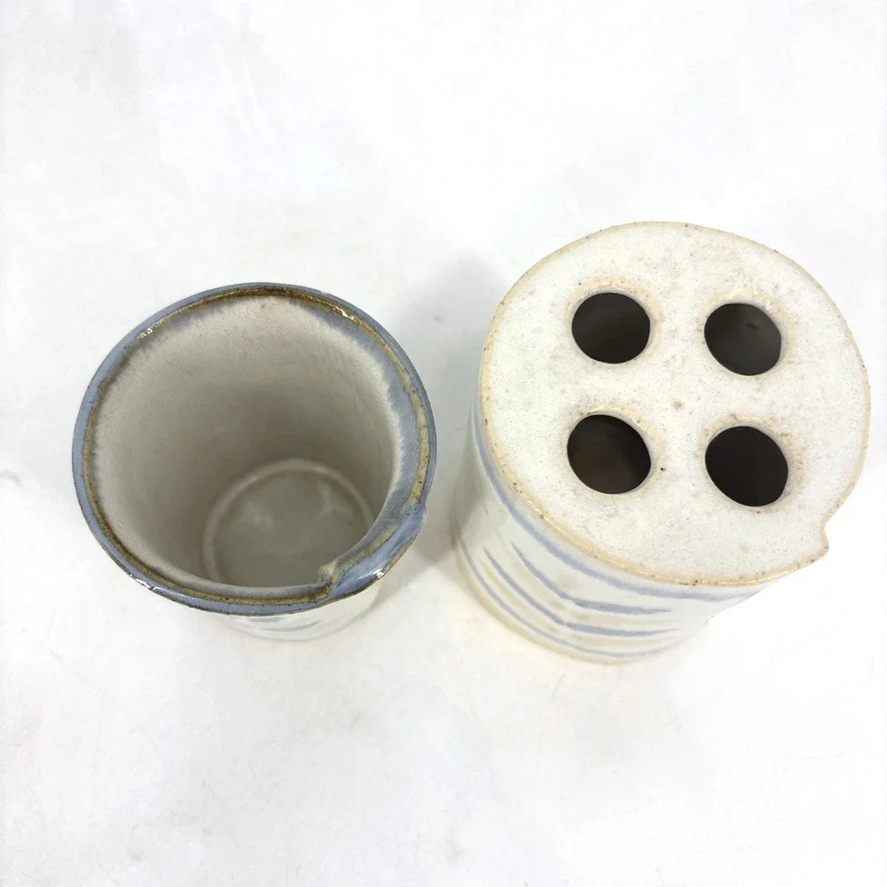 Handcrafted Bay Pottery Blue Tan Glaze Toothbrush Holder and Bathroom Water Cup